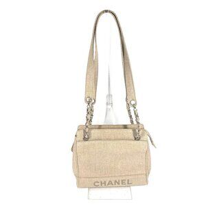 CHANEL Cream Canvas Logo Shoulder Bag